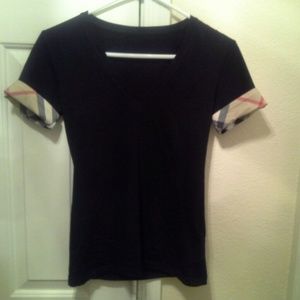 Burberry Black Tee, BURBERRY CHECK CUFF STRETCH BL