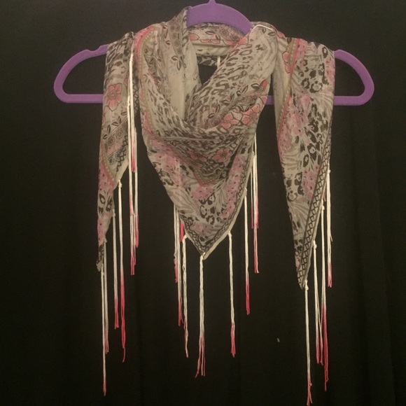 delicate floral silk triangle scarf w/ tassels