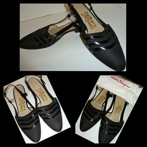 Salvatore Ferragamo Black Stripe Slingback Flats
