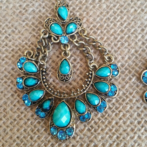 - SOLD - Teal Bohemian Bronze Dangle Earrings - Picture 3 of 4