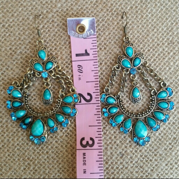 - SOLD - Teal Bohemian Bronze Dangle Earrings - Picture 4 of 4