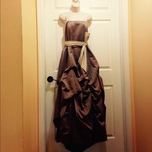 Two 2 @ 25 each choc-brown strapless full gowns.
