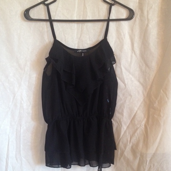 Black, ruffled tank top.