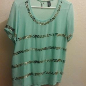 Aqua top 2/ gold beads and sequins