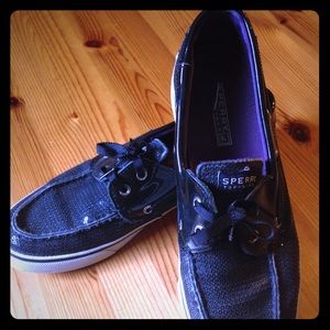 Black/Purple Sequin Sperry Top-Siders - Size 8.5