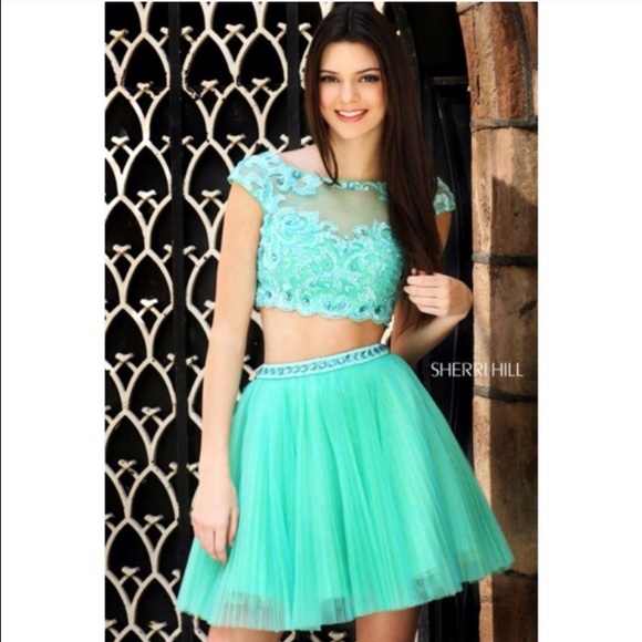 Sherri hill turquoise sequin top and skirt