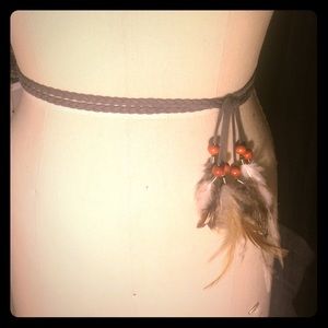 100% grey braided suede belt with feathers
