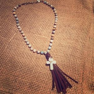Beaded Gemstone silver cross with leather tassel
