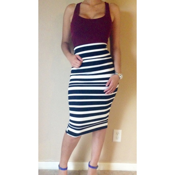 Striped High-Waisted Midi Skirt