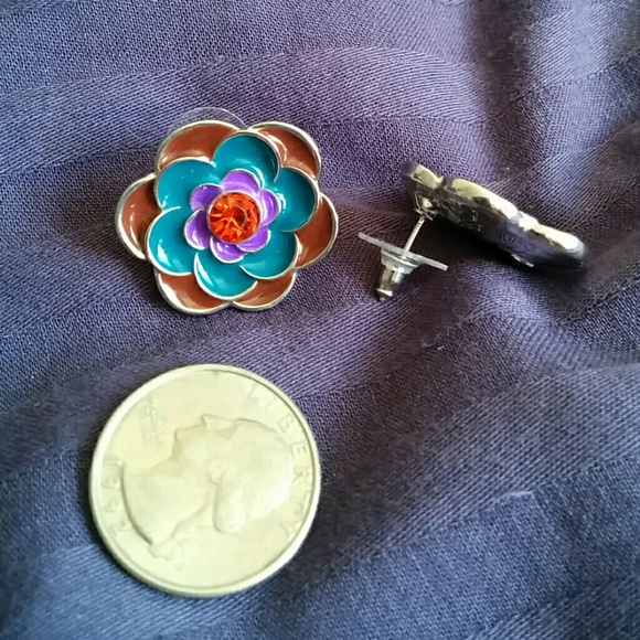 Colorful Enamel w/Rhinestone Center Earrings - Picture 2 of 3