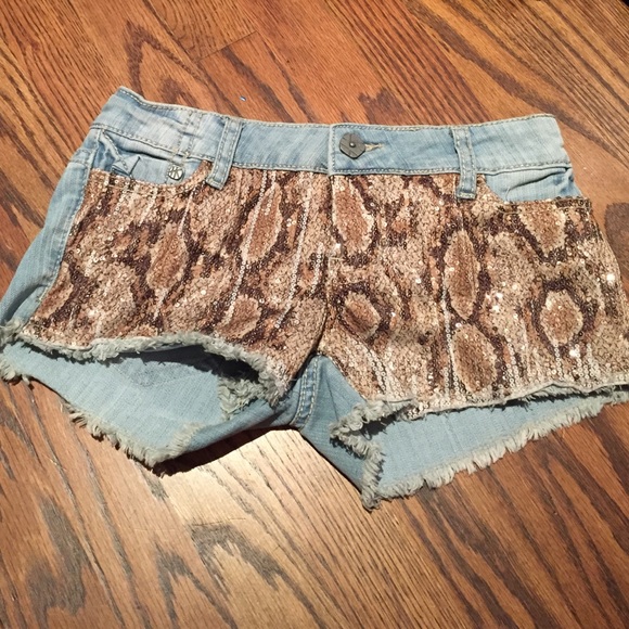 Sequin leopard jean shorts