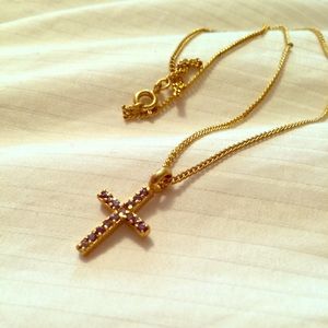 Amethyst and gold plated metal cross necklace