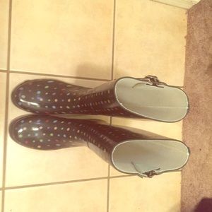 Black polka dot rain boots size 9