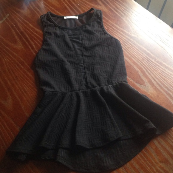 Black Geotexture Mesh Inlay Peplum Top