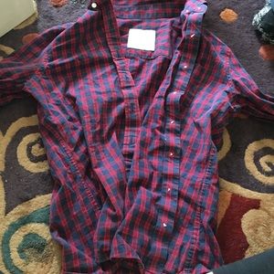 navy and red button up flannel