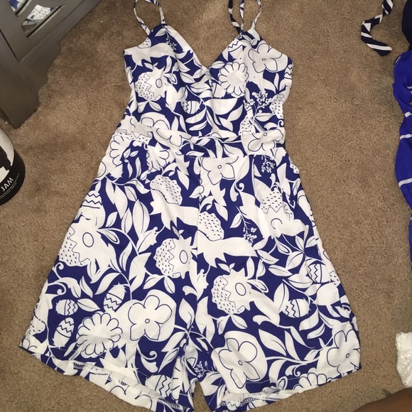 Blue and white floral romper