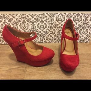 Red suede wedge heels