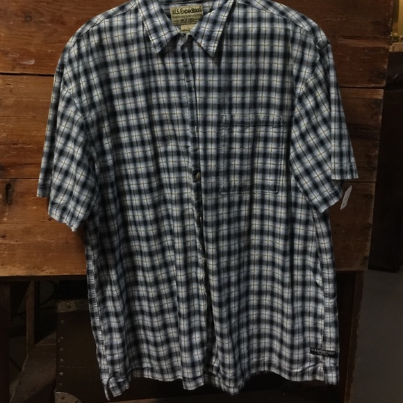 Men's large plaid blue black and white shirt