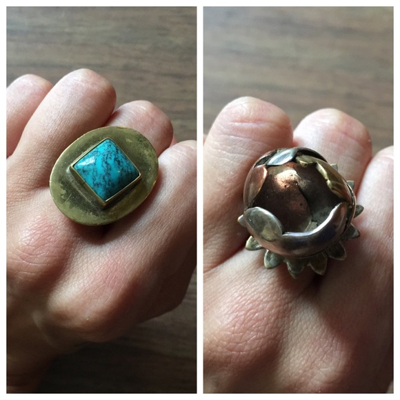 Multi-metal rosebud ring + turquoise ring, size 5
