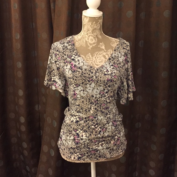 CAbi Blue Floral Soft Flutter Tee Top