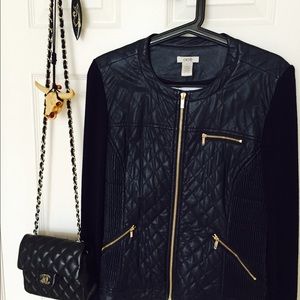 Caché Navy Blue leather and wool jacket