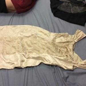 Shimmery golden cocktail dress, ruffles in front