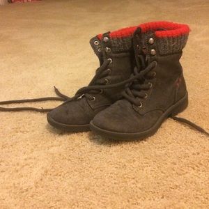 Black with gray and red combat boots