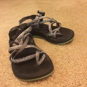 Gray, blue and purple chacos