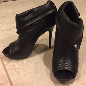 Black leather open toe heels