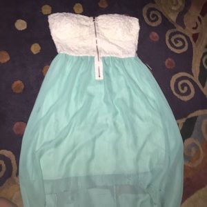 White Lace and Sheer Teal Hi Low Dress