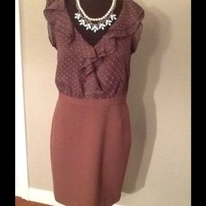 Loft dress with ruffled neck/sleeves, solid skirt.