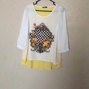 Women chiffon floral blouse yellow white