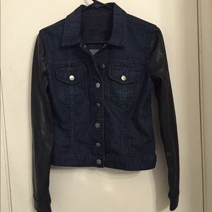 Denim with vegan leather sleeves