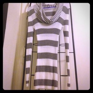 Striped Cowl Neck Sweater Dress *Gray and White*