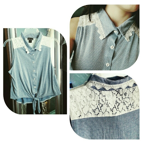 💛Crochet Collar Pinstripe Top