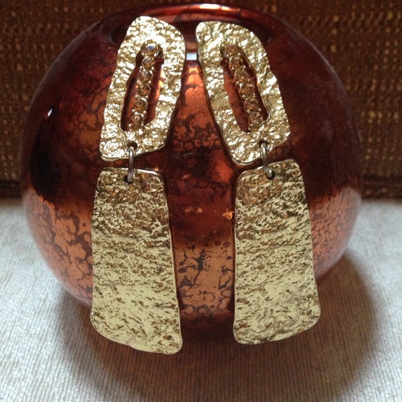 Gold Tone Hammered Drop Earrings w/ Rhinestones - Picture 1 of 4