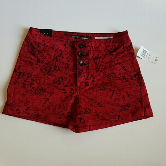 Lovesick Denim - Red denim shorts high waisted anchor, rose, bird