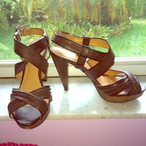 Brown double cross strap heels