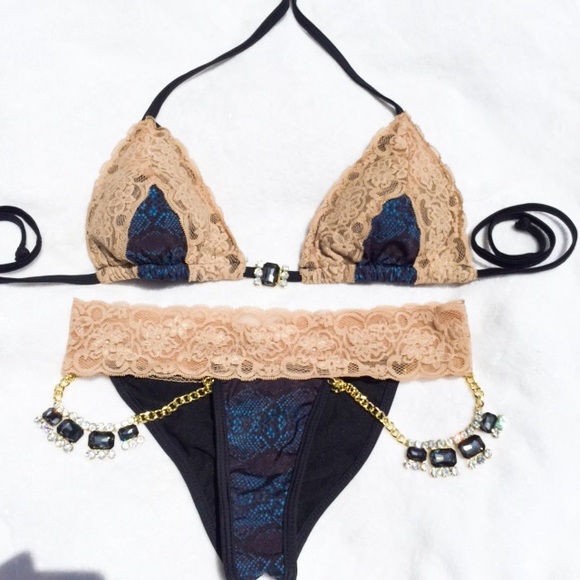 Beach Bunny Other - Beach bunny dupe black lace jeweled scrunch bikini