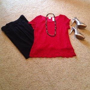 Red lace blouse.