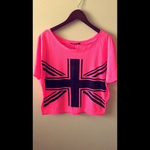 hot pink British flag shirt. boxy type shirt.