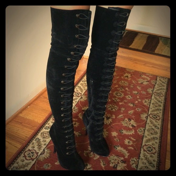 Thigh-high black suede boots