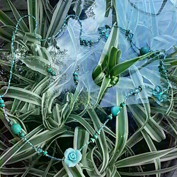 Blue Beaded Necklace Earrings Set