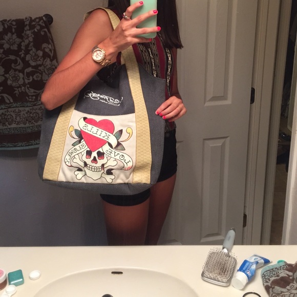 Ed Hardy navy blue bag with beige handles
