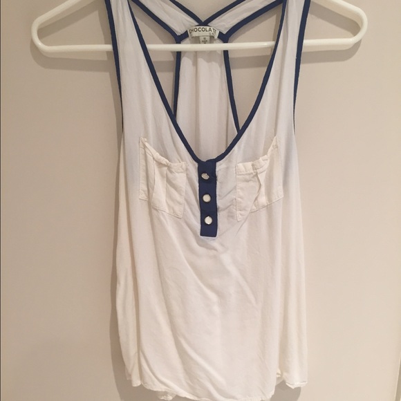 Racer back; eggshell with navy lining