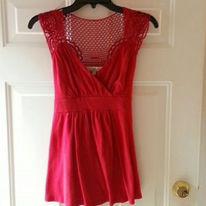 Red top with crochet lace