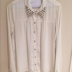 Collared, button down, off white, long sleeves