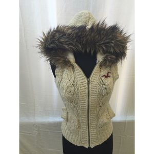 Crochet sweater with fur hood