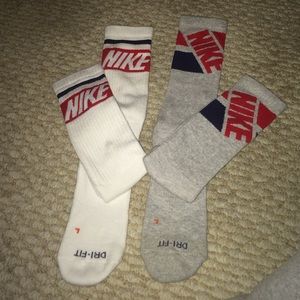 White&grey w/ red@navy blue nike socks. High