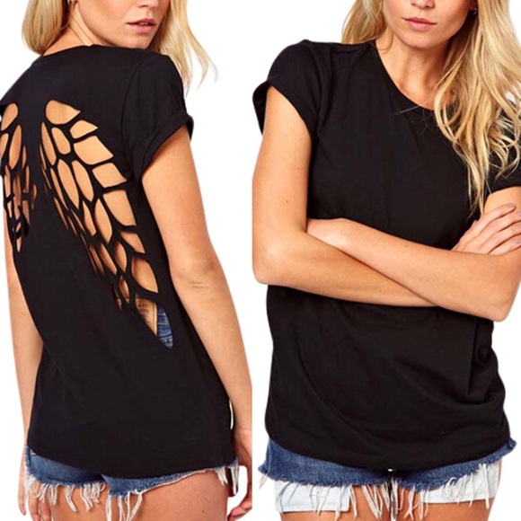 Tops - Cutout black tee angel wings punk shirt